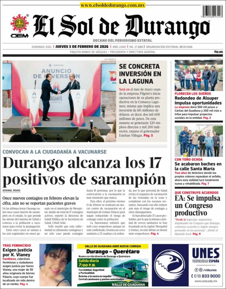Portada de El Sol de Durango (México)