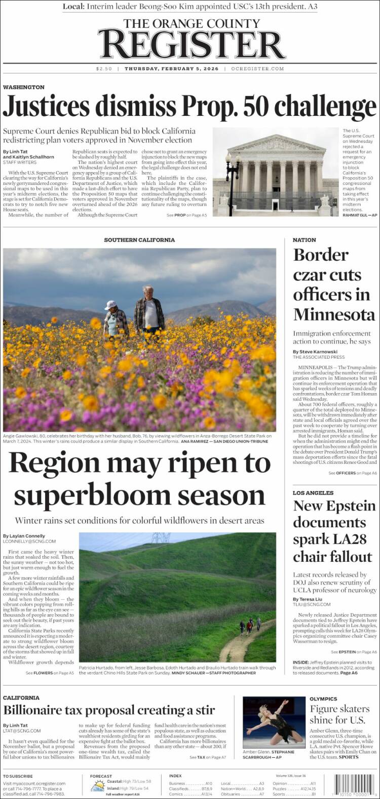 Portada de The Orange County Register (USA)