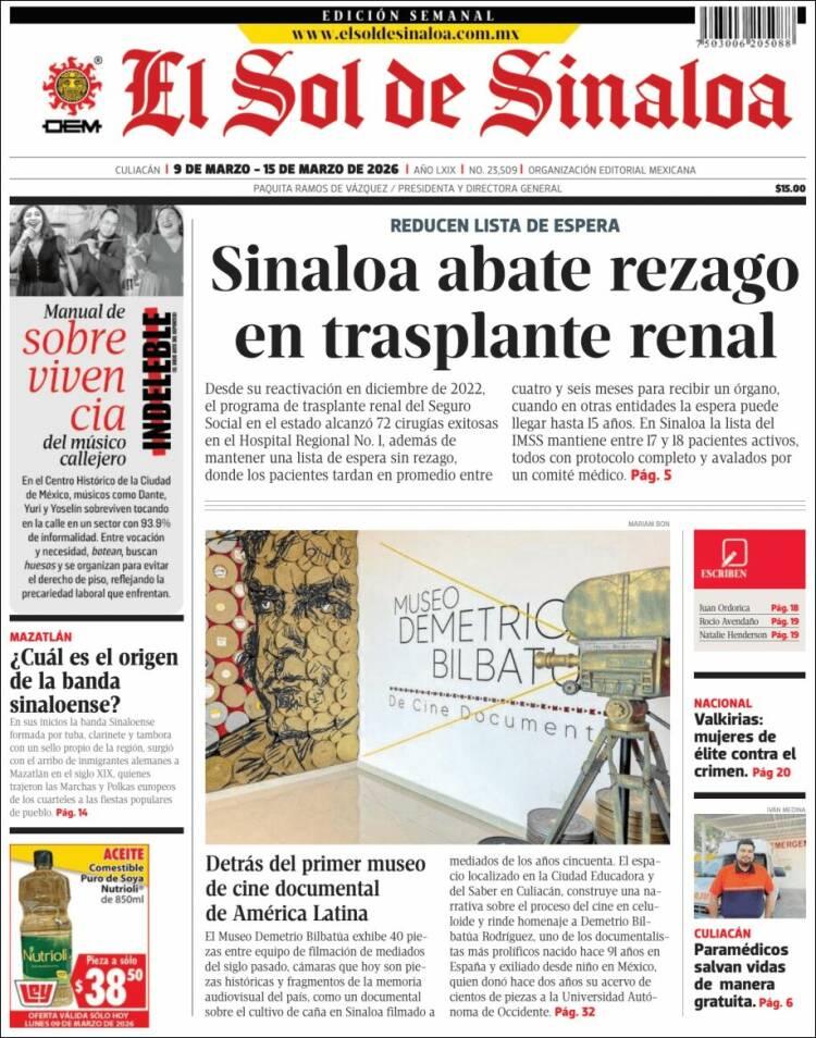 Portada de El Sol de Sinaloa (Mexique)