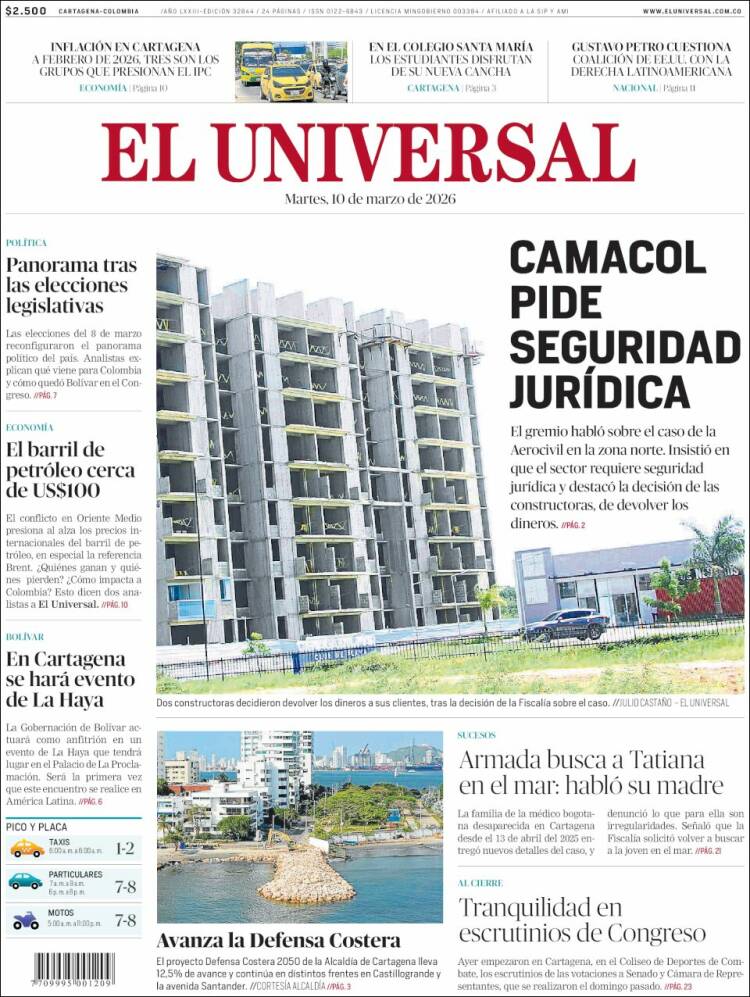 Portada de El Universal (Colombia)