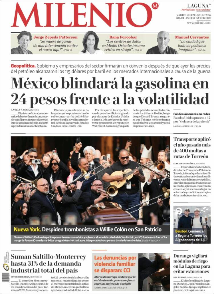 Portada de Milenio - Laguna (Mexique)