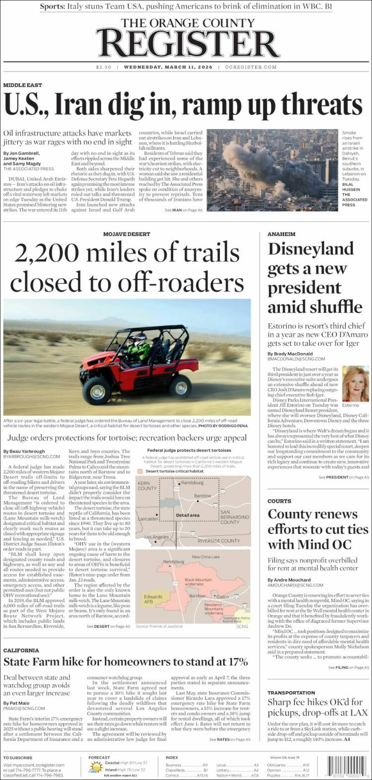 Portada de The Orange County Register (USA)