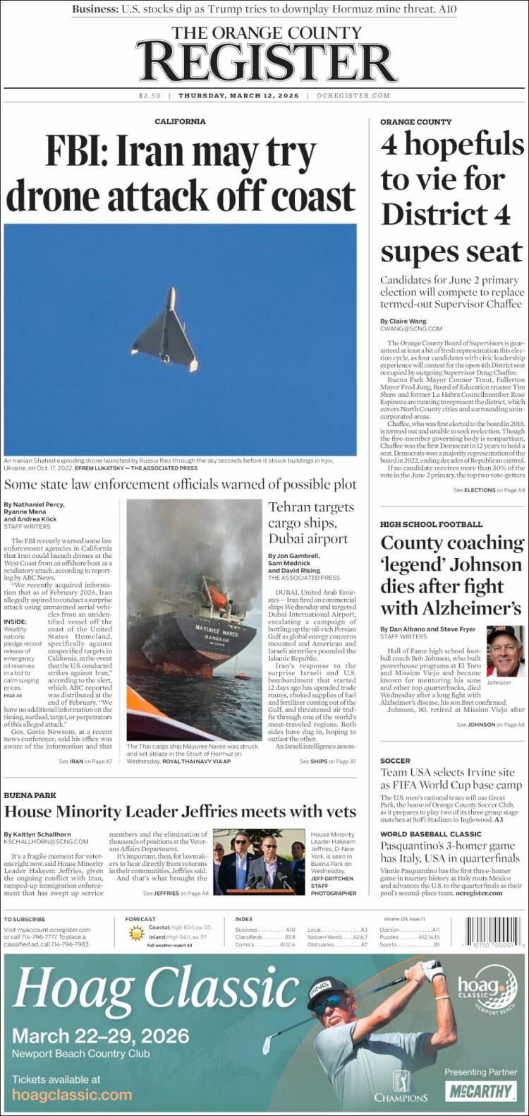 Portada de The Orange County Register (USA)
