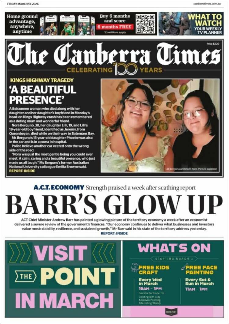 Portada de The Canberra Times (Australia)