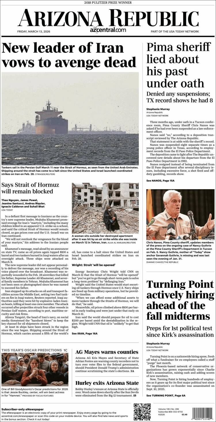 Portada de Arizona Republic News (USA)
