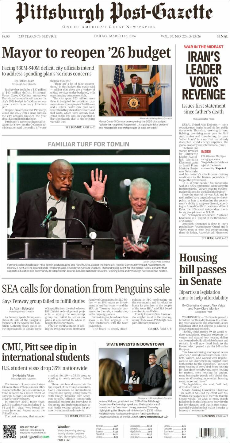 Portada de Pittsburgh Post-Gazette (USA)