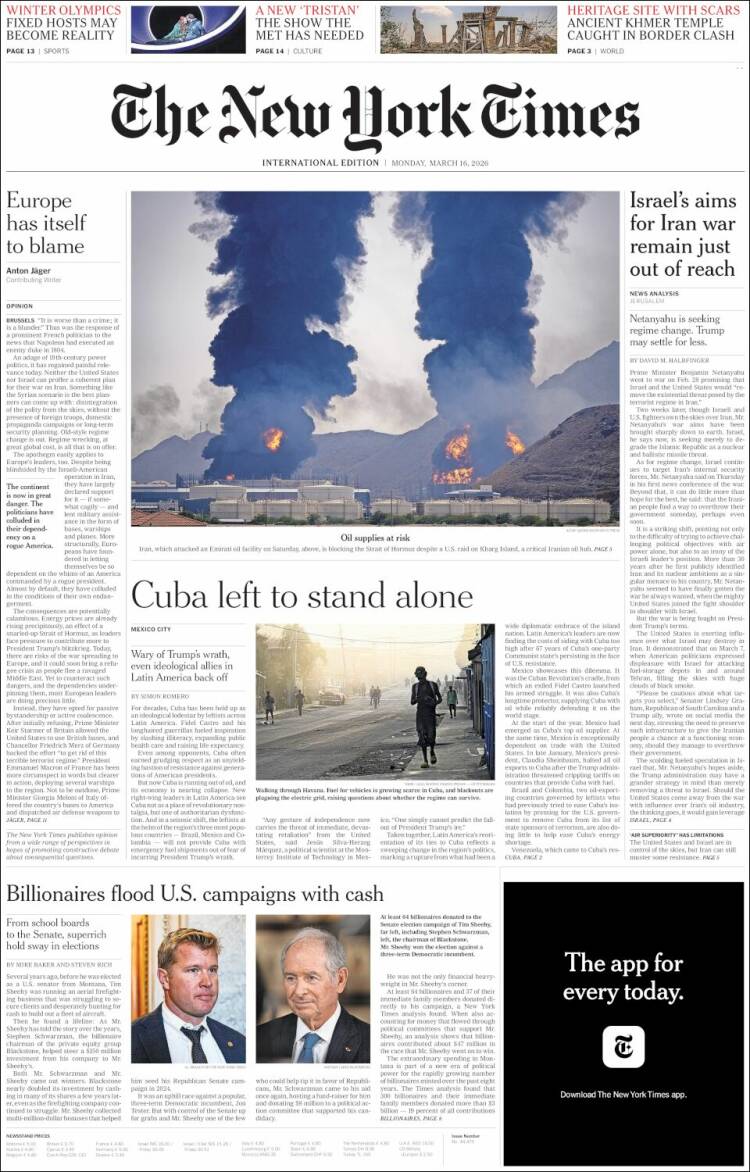 Portada de International New York Times (Europe)