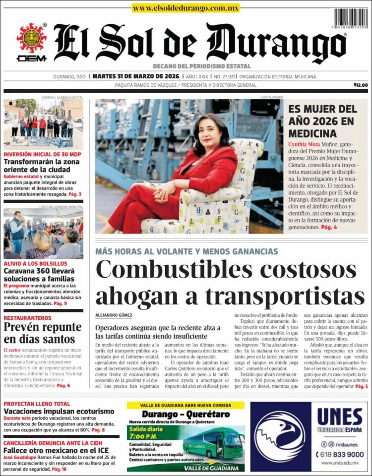 Portada de El Sol de Durango (México)