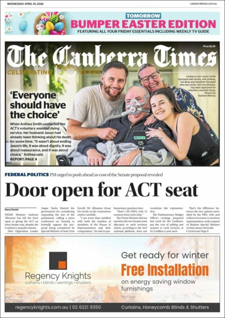 Portada de The Canberra Times (Australia)