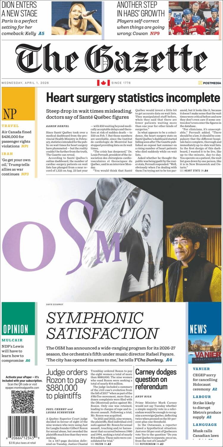 Portada de The Gazette (Canada)