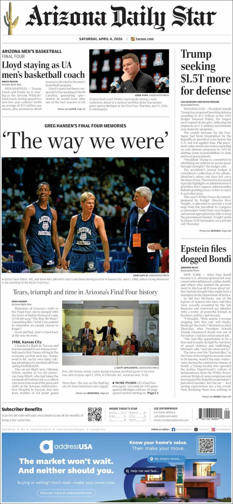 Portada de Arizona Daily Star (USA)