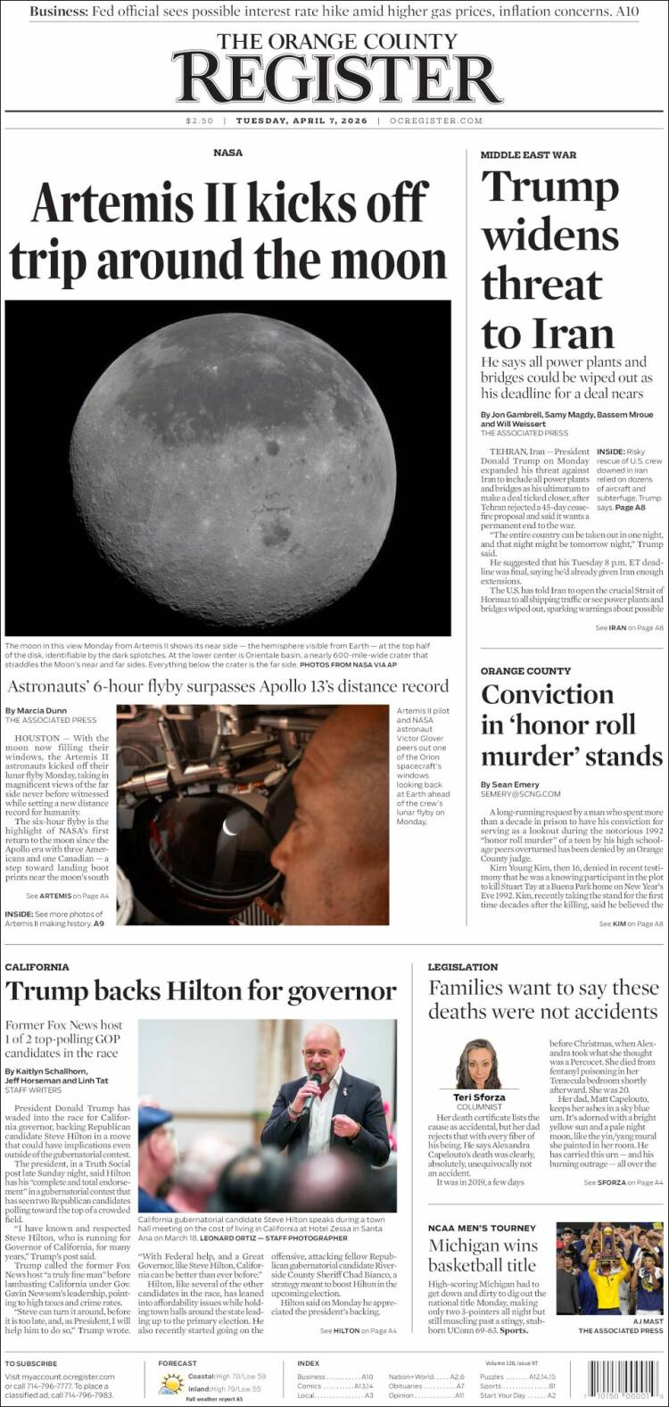 Portada de The Orange County Register (USA)