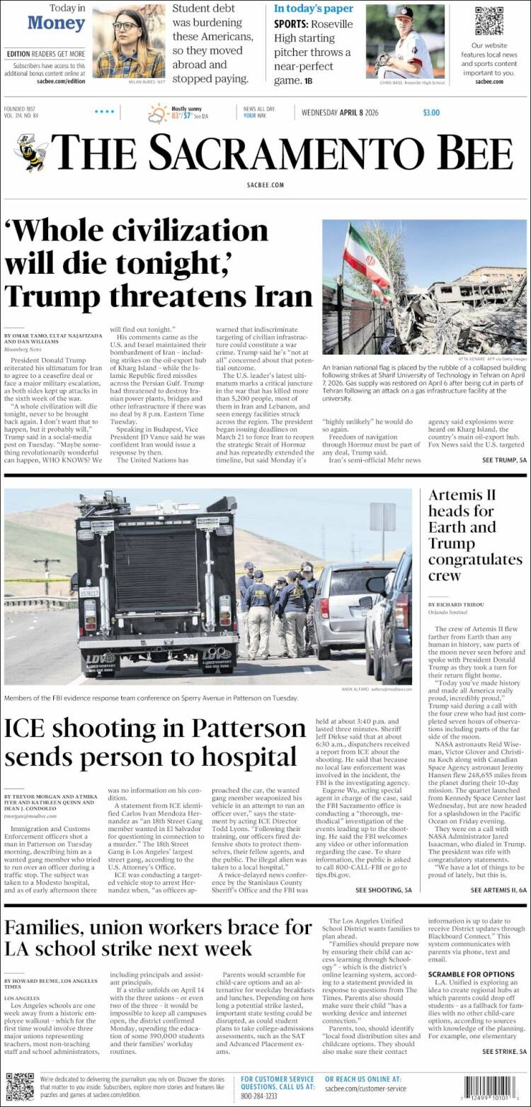 Portada de The Sacramento Bee (USA)