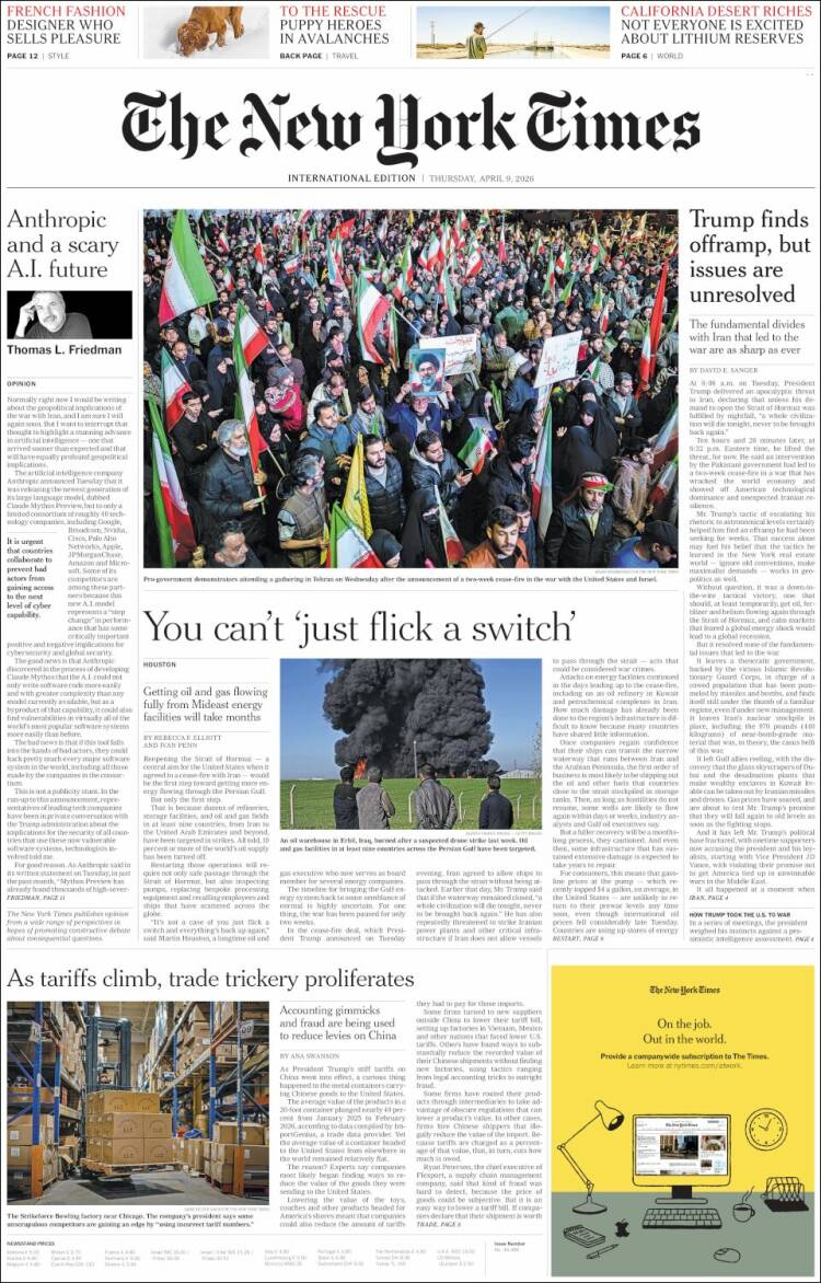 Portada de International New York Times (Europe)