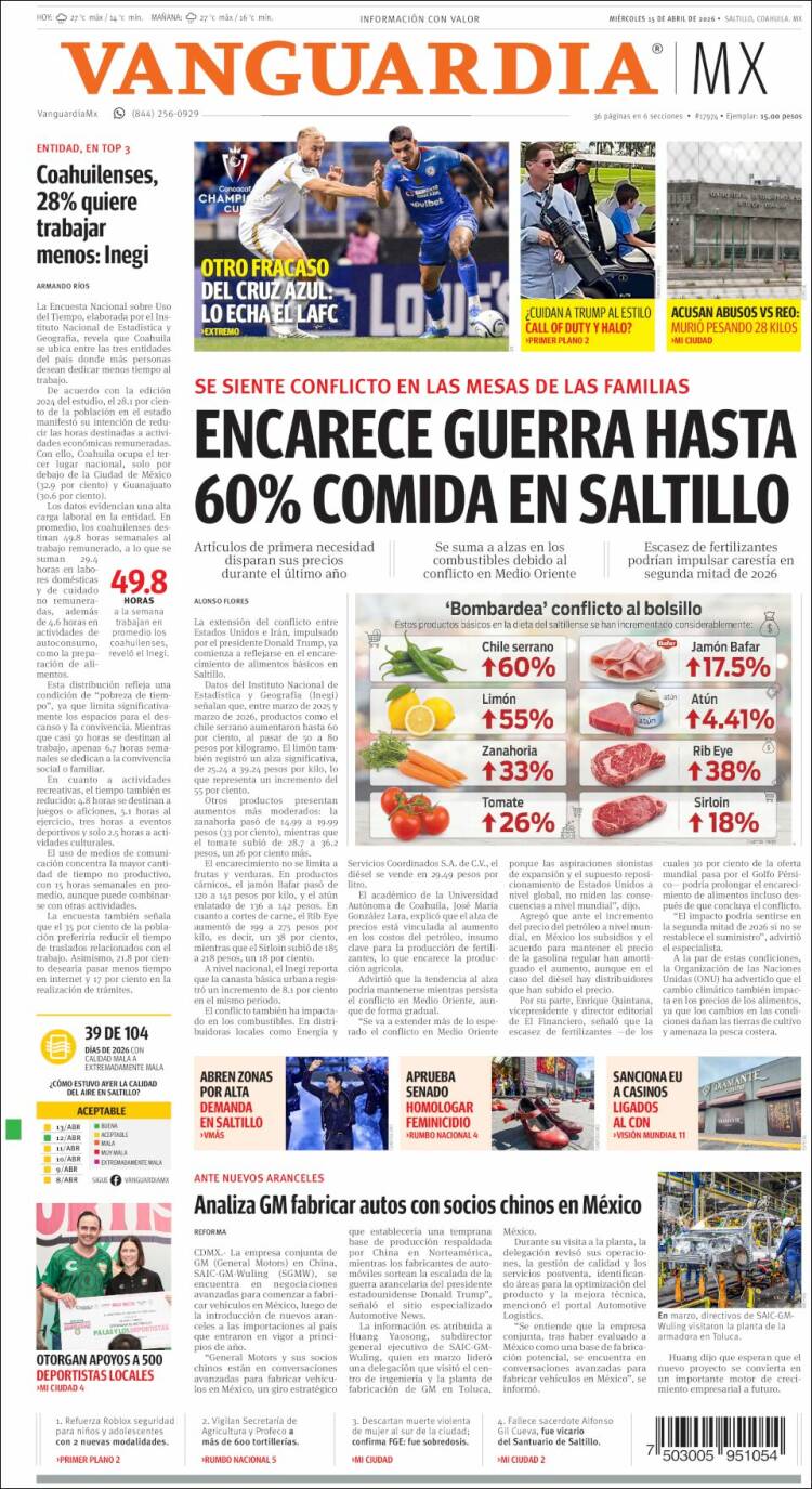 Portada de Vanguardia (Mexico)