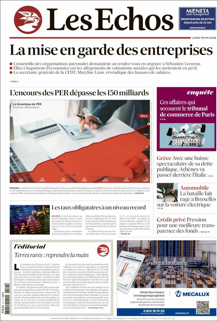 Portada de Les Echos (Francia)