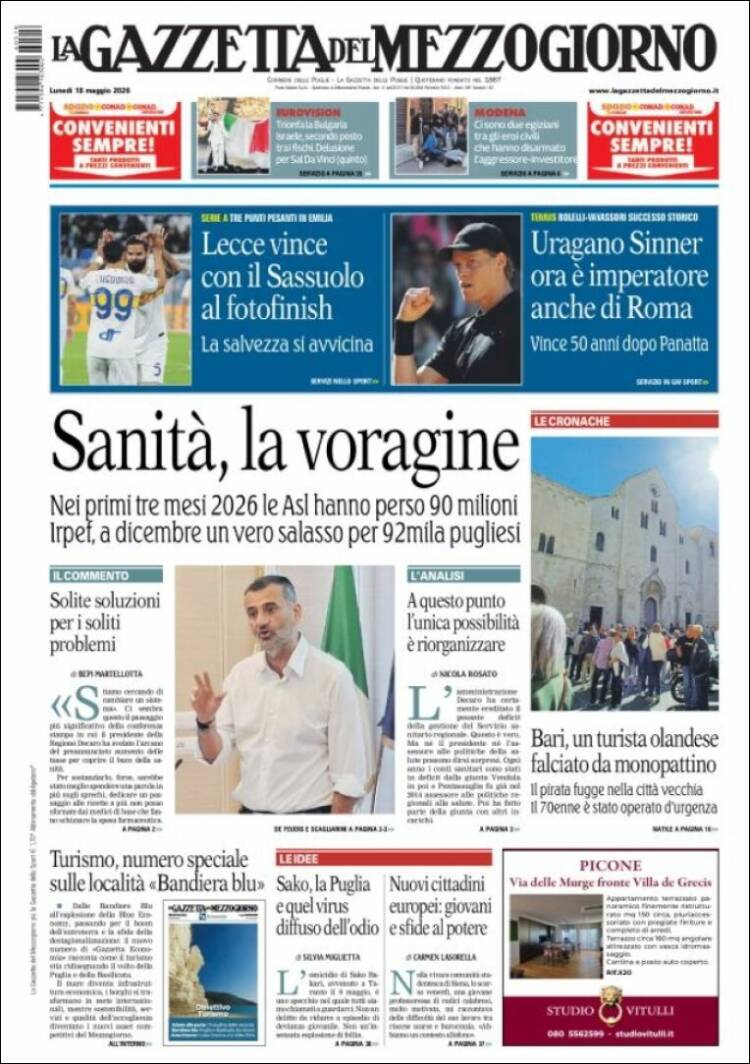 Portada de La Gazzetta del Mezzogiorno (Italia)
