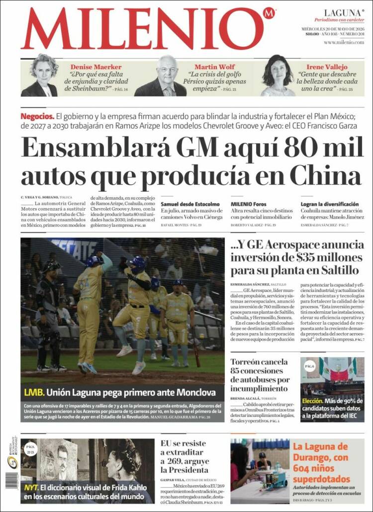 Portada de Milenio - Laguna (México)