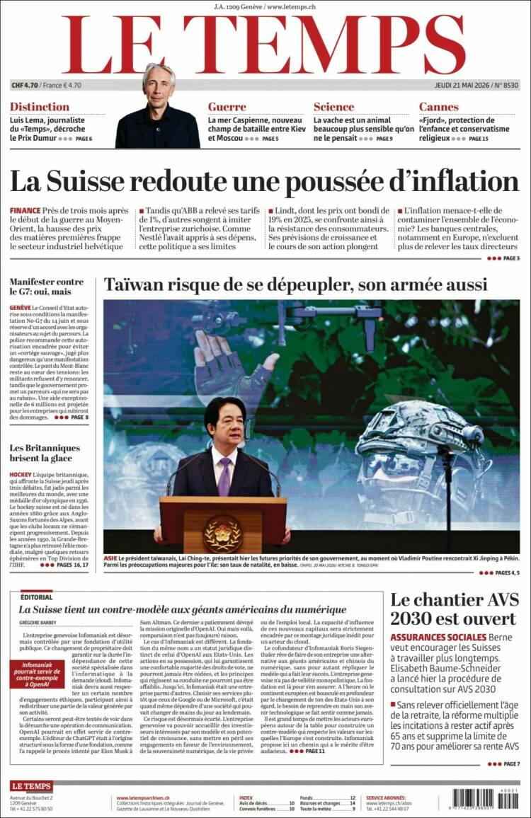 Portada de Le Matin (Suiza)