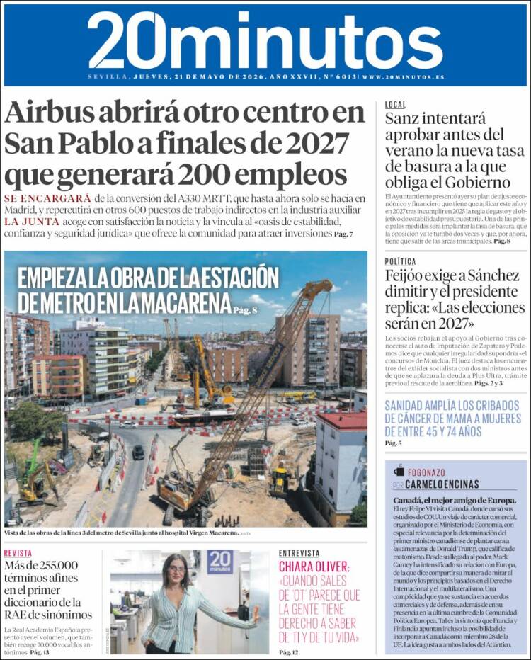 Portada de 20 Minutos - Sevilla (España)