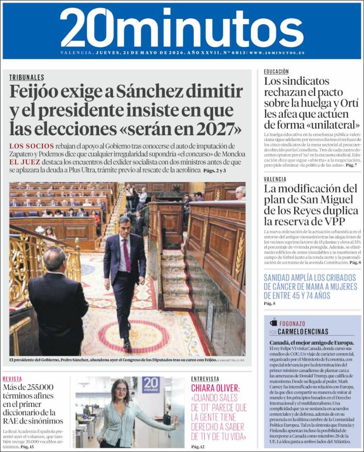 Portada de 20 Minutos - Valencia (España)