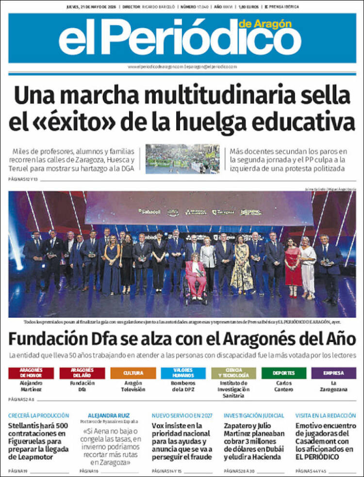 Portada de El Periódico de Aragón (España)