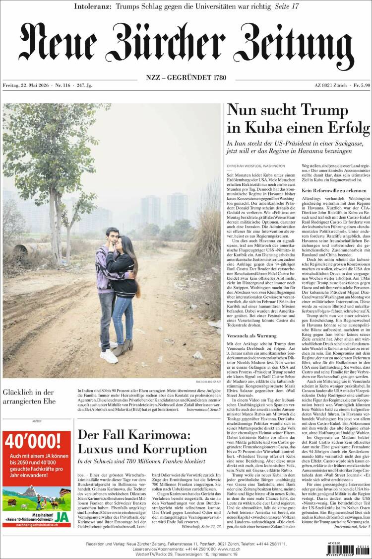 Portada de Neue Zürcher Zeitung (Suiza)