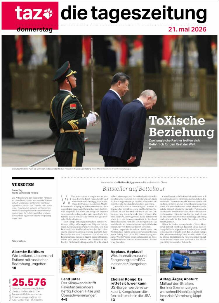 Portada de Die Tageszeitung (Alemania)