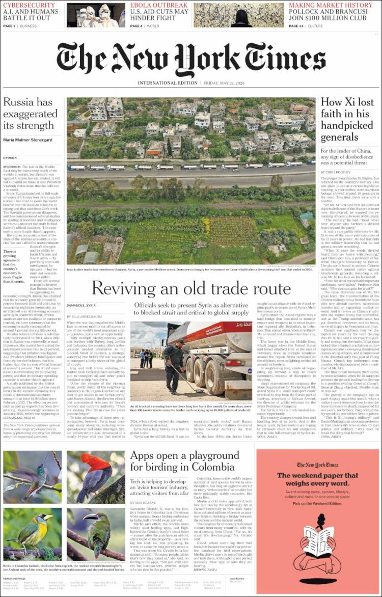 Portada de International New York Times (Europa)