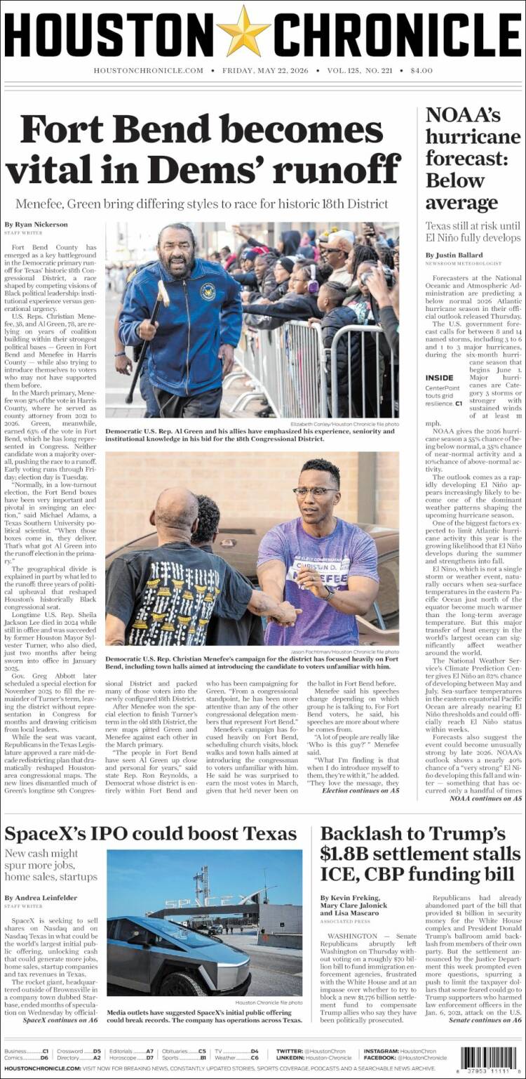 Portada de Houston Chronicle (USA)