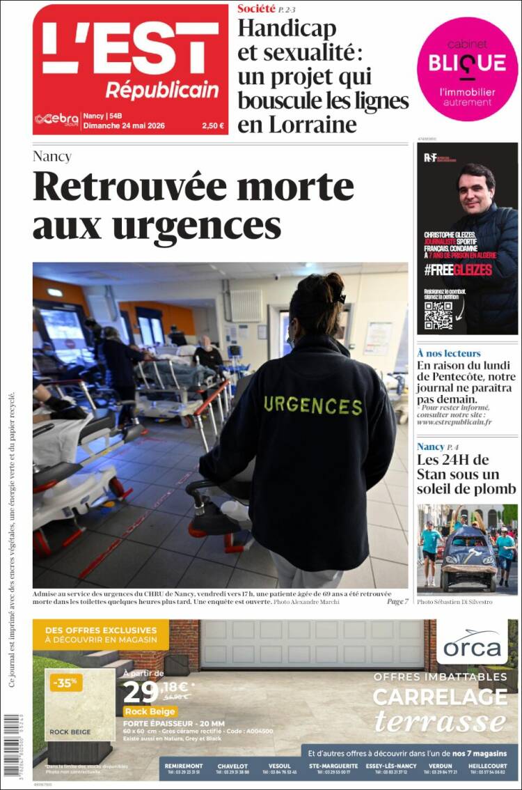 Portada de L'Est Republicain (Francia)