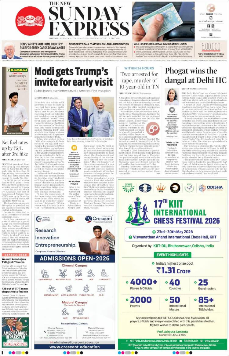 Portada de New Indian Express (India)
