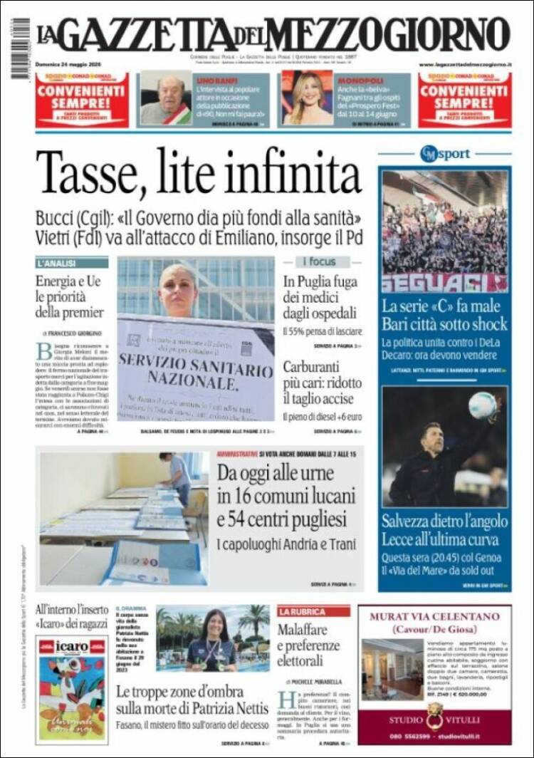 Portada de La Gazzetta del Mezzogiorno (Italia)