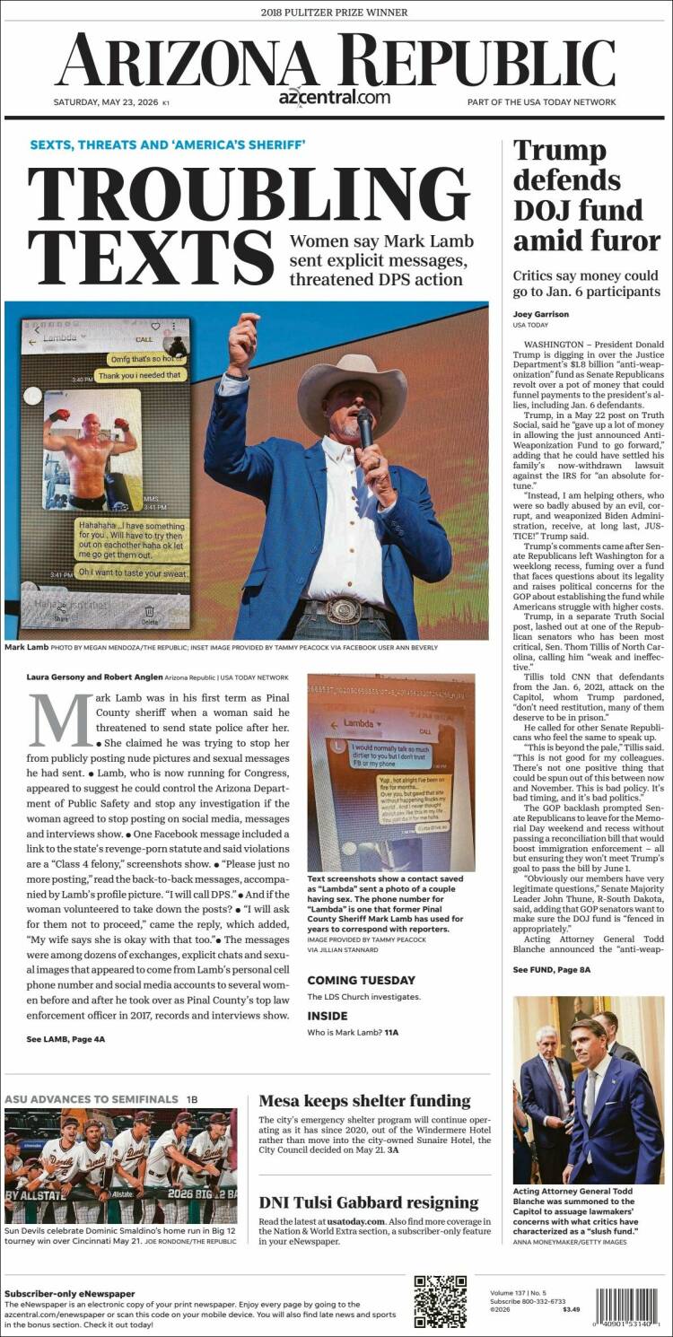 Portada de Arizona Republic News (USA)