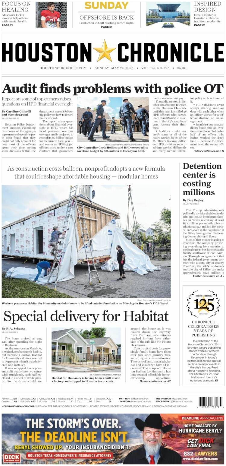 Portada de Houston Chronicle (USA)