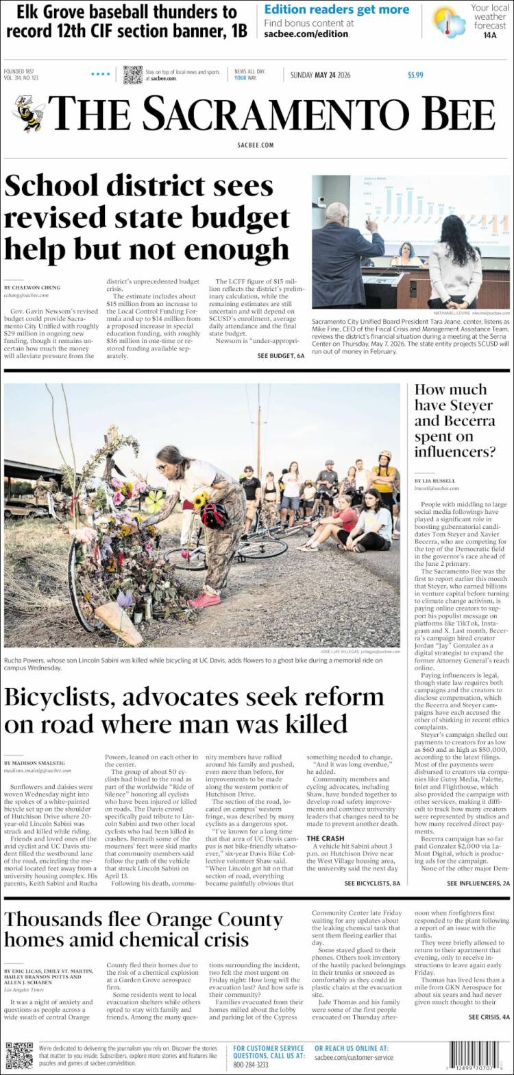 Portada de The Sacramento Bee (USA)