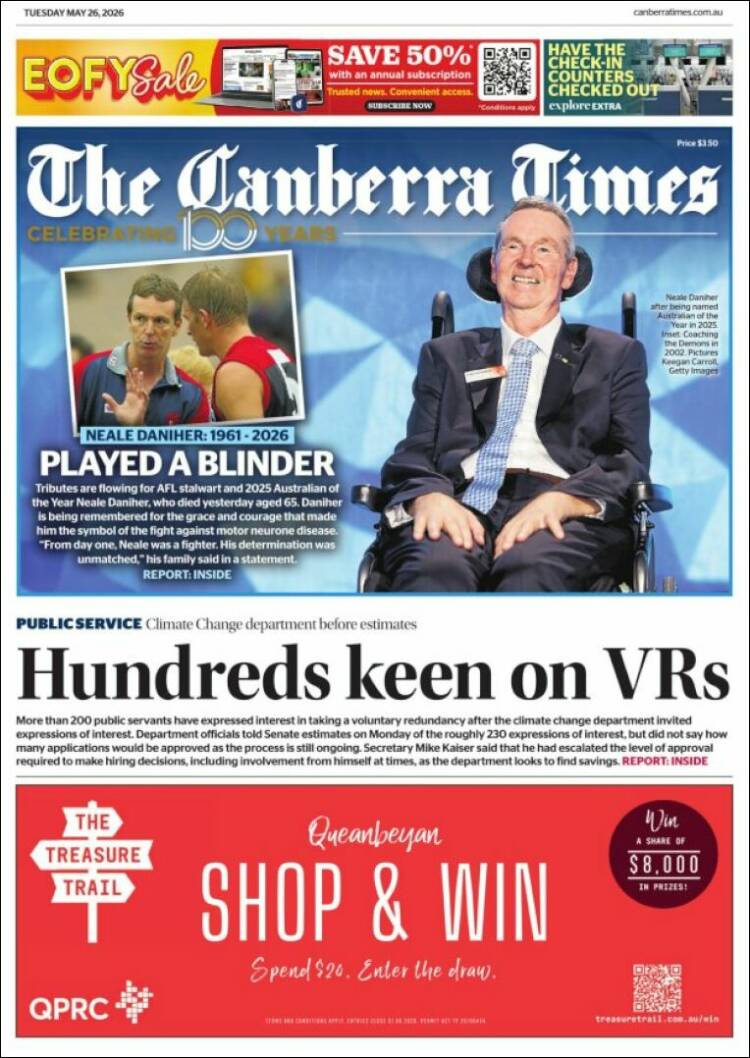 Portada de The Canberra Times (Australia)