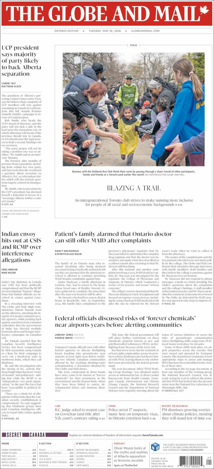 Portada de The Globe and Mail (Canadá)