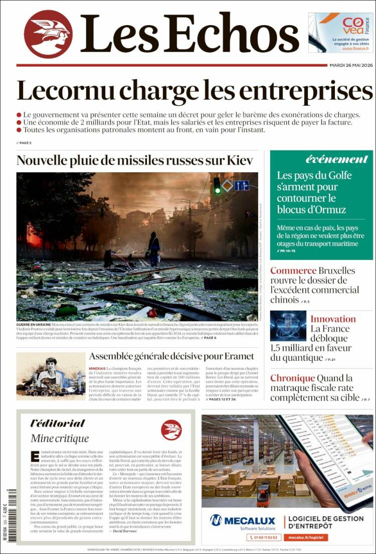 Portada de Les Echos (Francia)