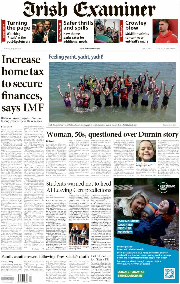 Portada de Irish Examiner (Irlanda)