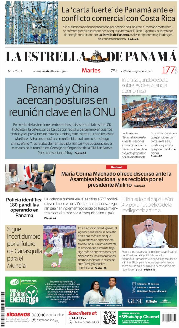 Portada de La Estrella de Panamá (Panamá)