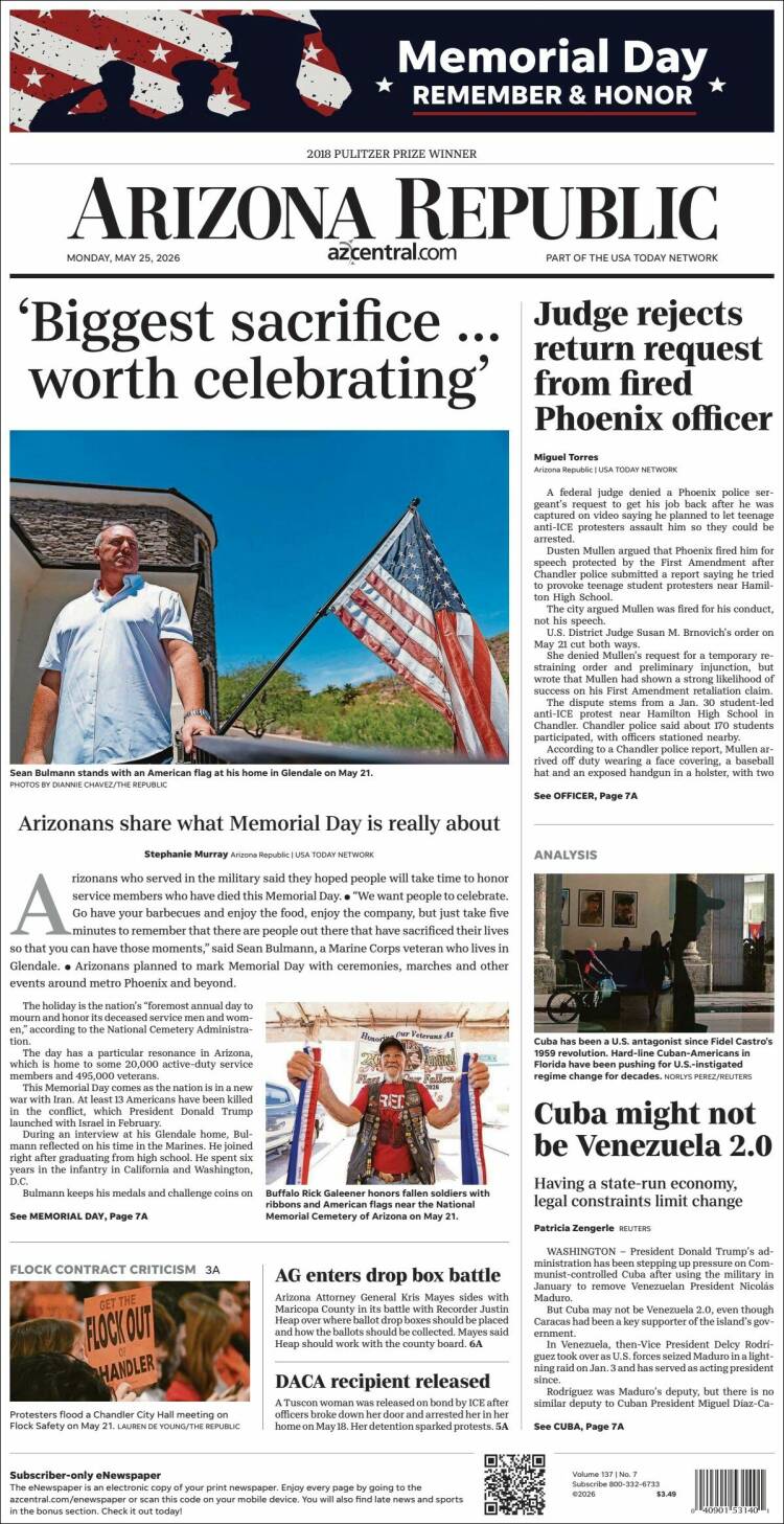 Portada de Arizona Republic News (USA)