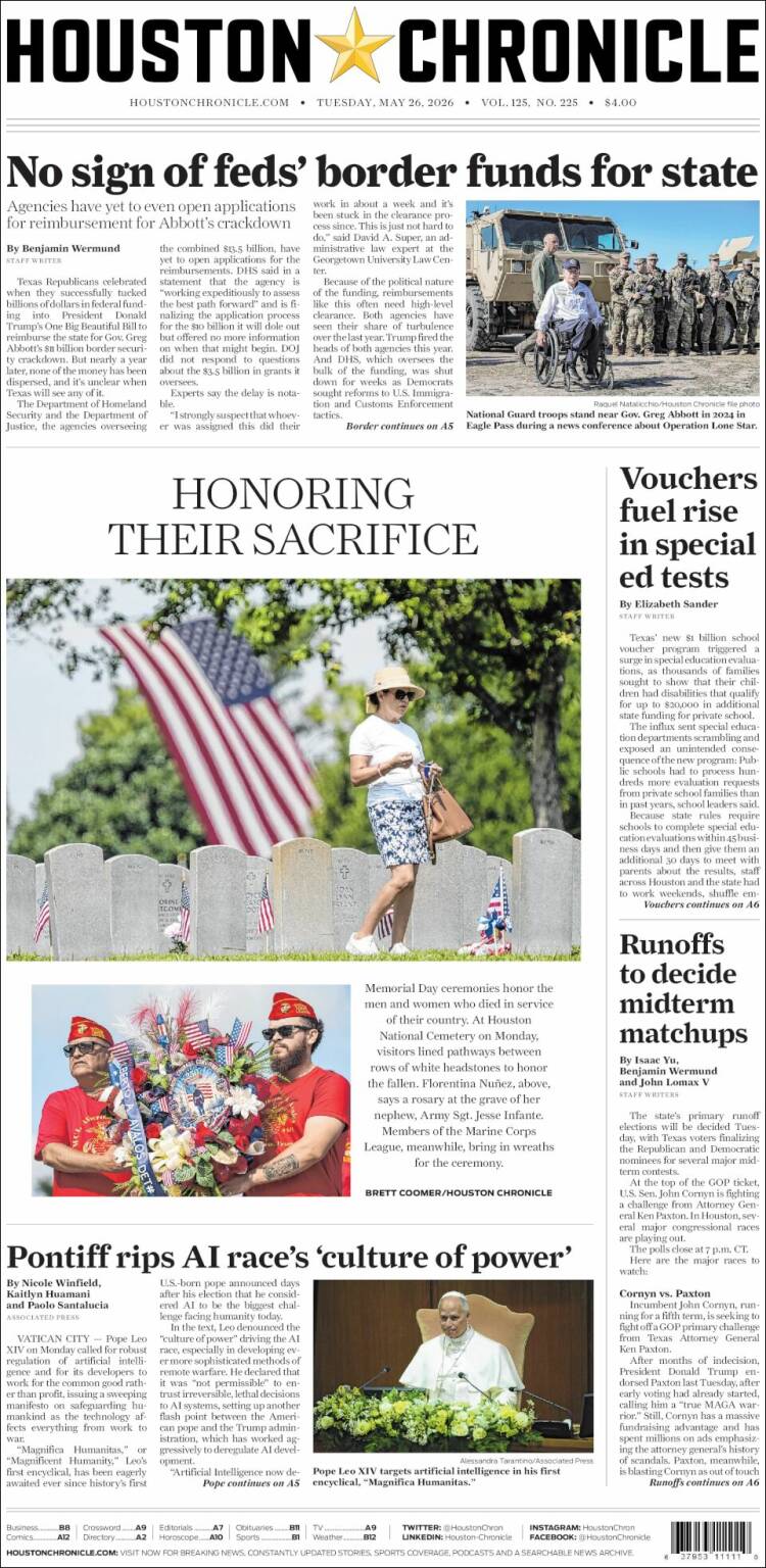 Portada de Houston Chronicle (USA)