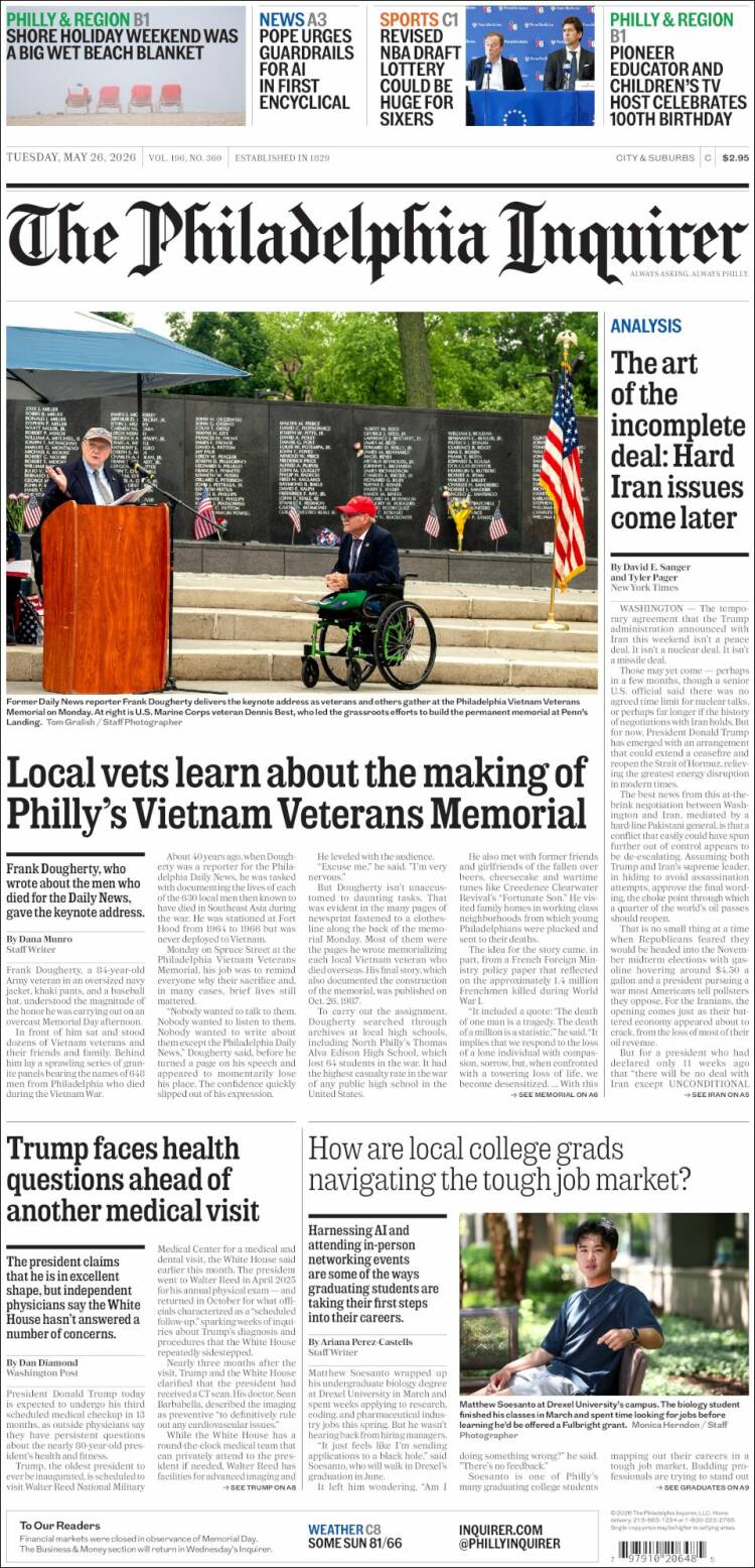 Portada de Philadelphia Inquirer (USA)