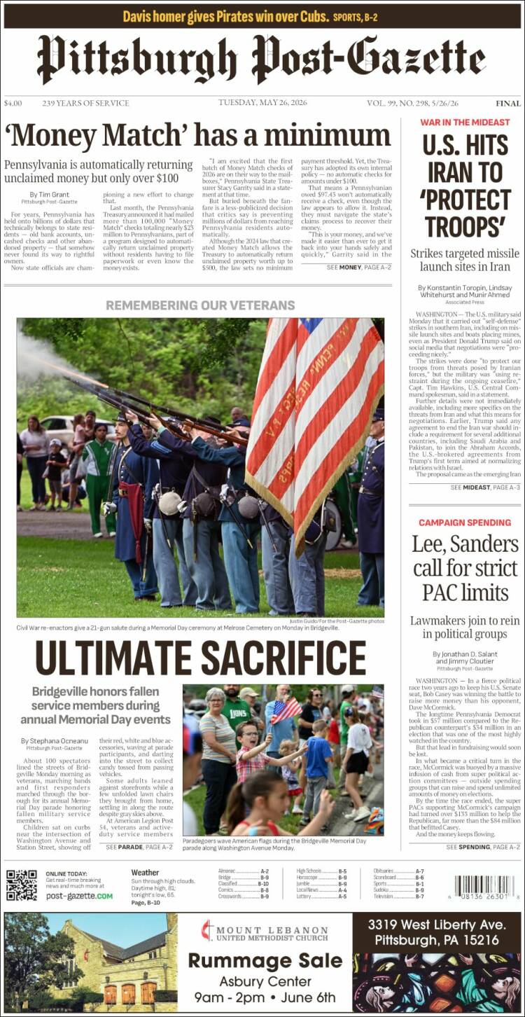Portada de Pittsburgh Post-Gazette (USA)