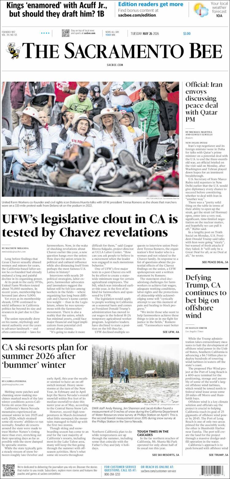Portada de The Sacramento Bee (USA)
