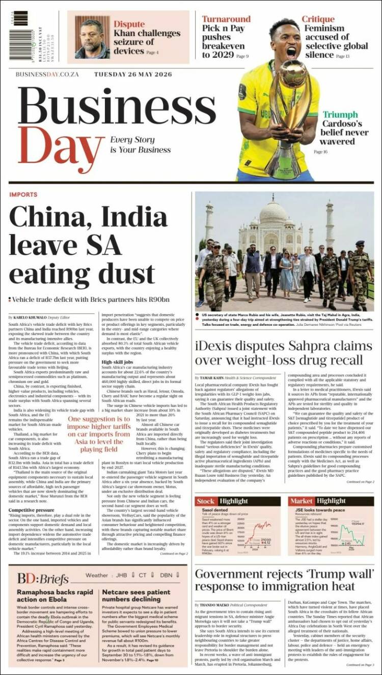 Portada de Business Day (Sudáfrica)