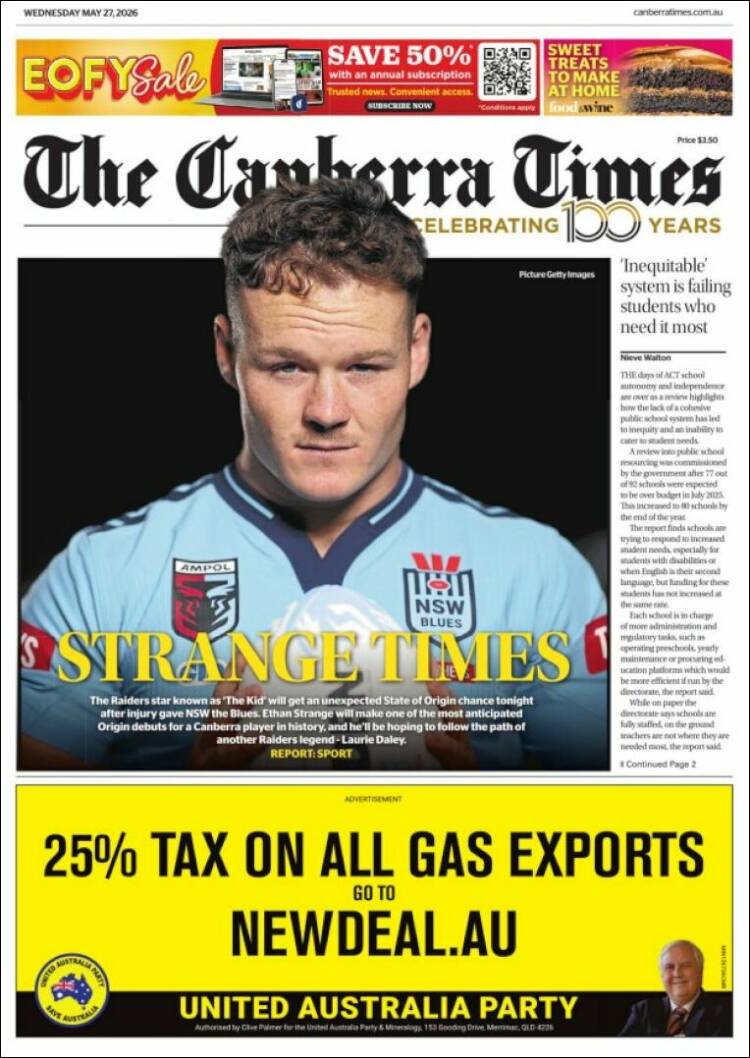 Portada de The Canberra Times (Australia)