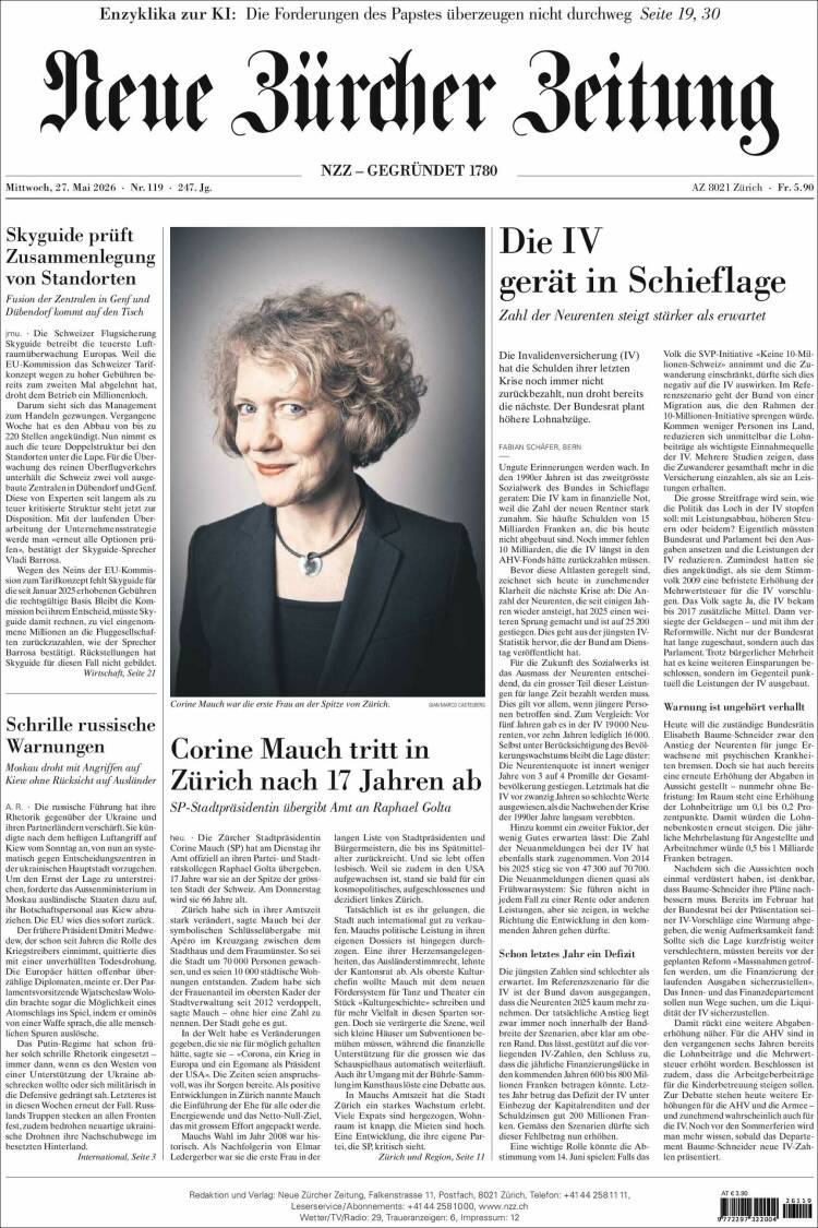 Portada de Neue Zürcher Zeitung (Suiza)