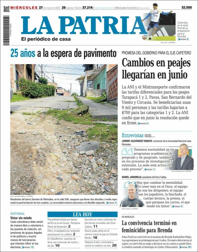 Portada de La Patria (Colombia)